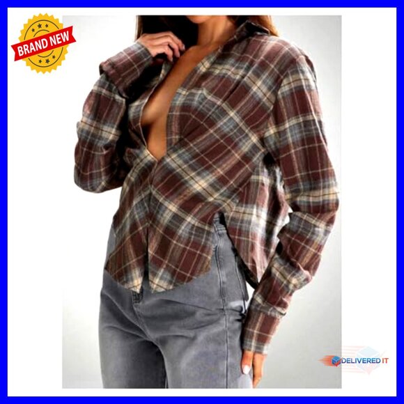 Long Sleeve Plaid Button Down Blouse, Loose Fit, Casual Top - Picture 4 of 5